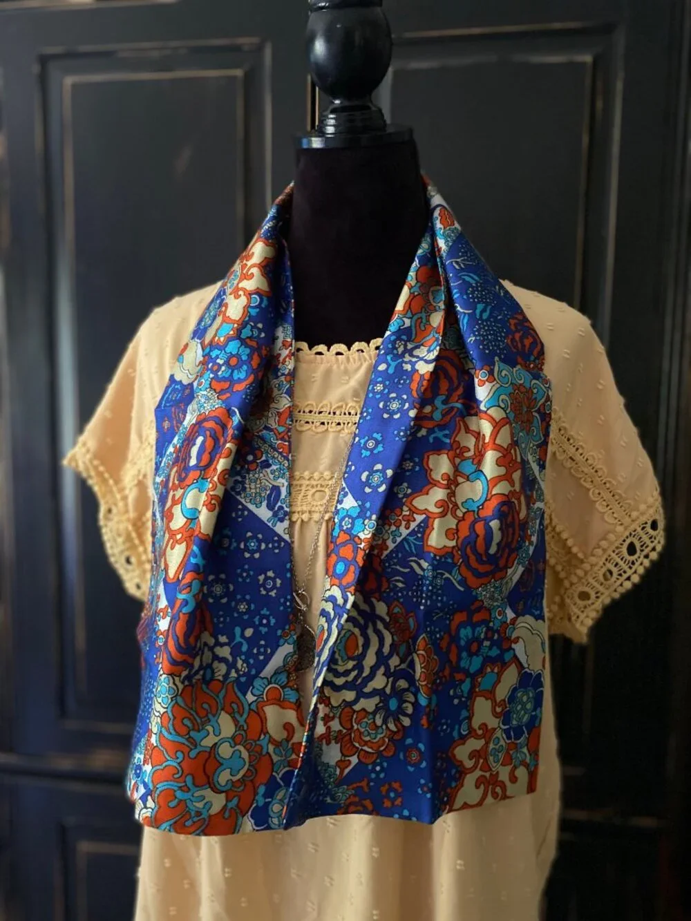 VINTAGE Floral Print Fashion Scarf - Colorful Blue Orange Turquoise Cream Scarf